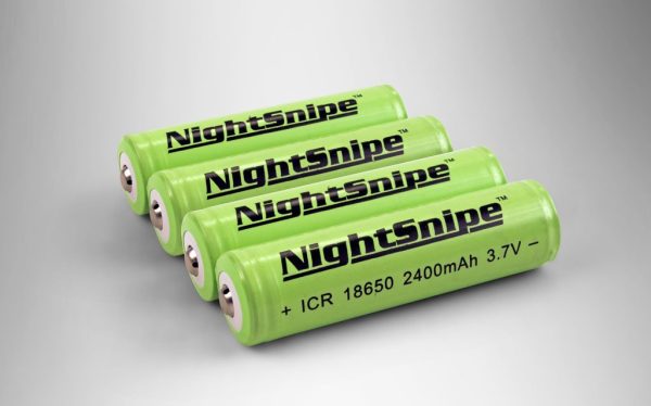 NightSnipe factory original replacement 18650 batteries. 10 year rated, 3.7 volt, 2400+ mAh rechargeable.