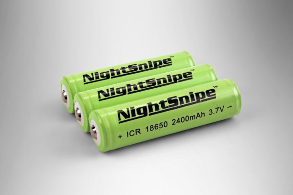 NightSnipe factory original replacement 18650 batteries. 10 year rated, 3.7 volt, 2400+ mAh rechargeable.