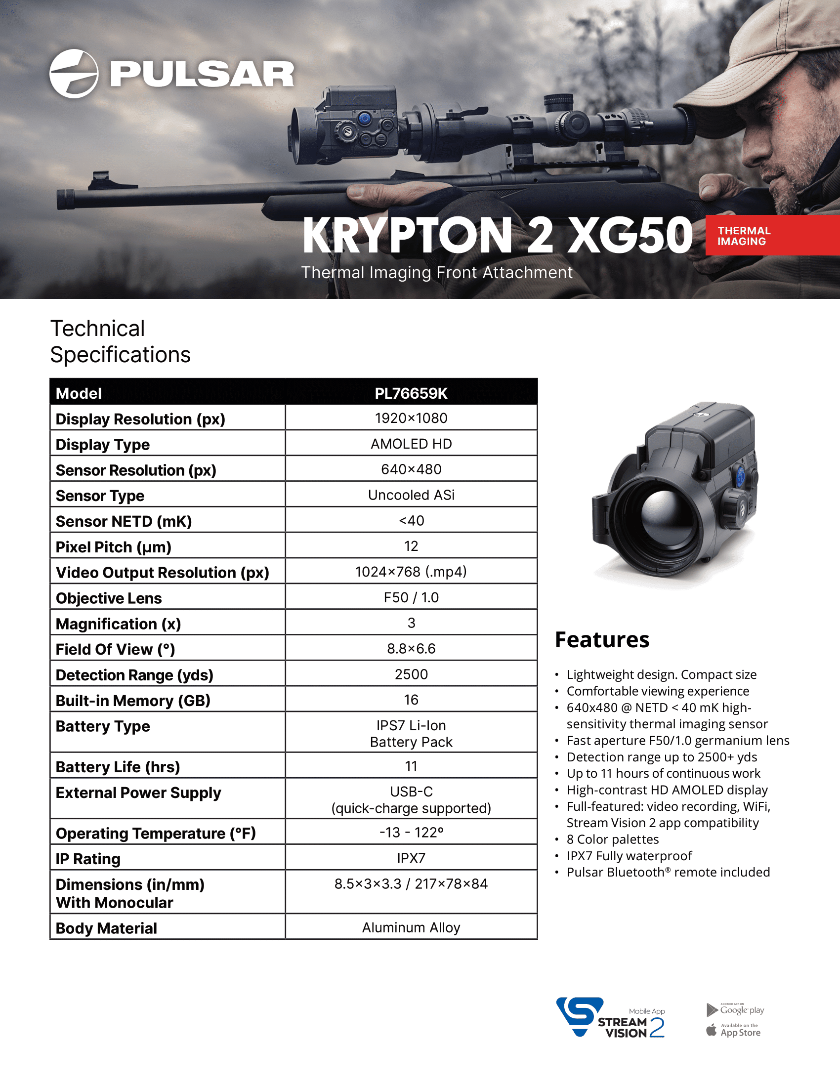 Pulsar Krypton 2 FXG50 Thermal Imaging Front Attachment Kit Specifications