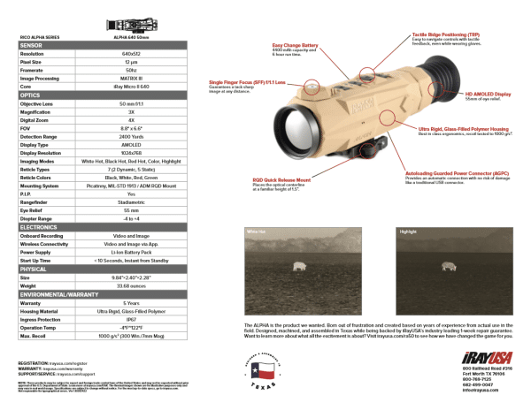 RICO ALPHA 640x512 50mm Thermal Weapon Sight Specification Sheet