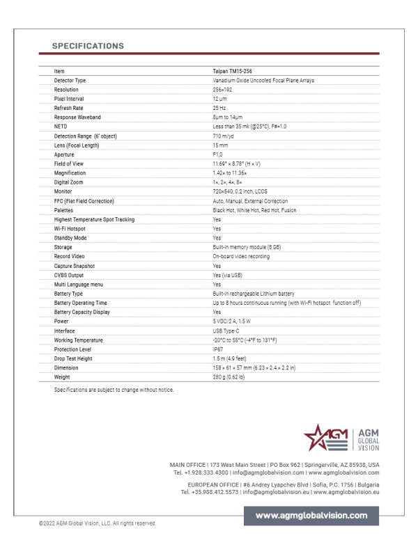 AGM Taipan 256 Thermal Monocular Data Sheet