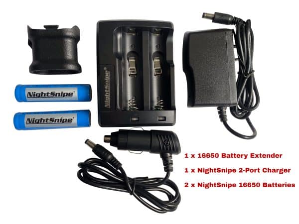 Bering Optics Super Yoter, Super Hogster A3, Vibe & Stimulus VR 16650 Rechargeable Battery Extender! This extender allows you to run 16650 lithium - ion rechargeable batteries in your Bering Optics Thermal Scopes! The NightSnipe 16650 rechargeable lithium - ion batteries are a powerhouse lithium battery combo that will allow you to hunt all night long between charges! Included Kit Contents: 1 x 16650 Battery Extender 2 or 4 x NightSnipe 16650 Rechargeable Lithium -ion Batteries 2 or 4 Port Battery Charger with AC/DC Charging Cables