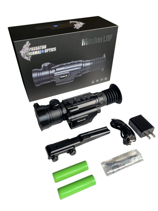 Predator Thermal Optics Mission LRF line of Thermal Imaging Scopes is a world-class thermal imaging riflescope that incorporates a compact, sleek, lightweight, aluminum design with a 1200-yard built-in laser rangefinder. Its exceptionally powerful, SUPERSENSITIVE resolution is capable of heat detection distances up to 2,750 yards and displays them on a sharp 1024x768 OLED display while offering the latest IMAGE BOOST patented technology. With up to 8 hours of battery life on a set of 18650 batteries, the Mission LRF Thermal Riflescope ensures hours of continuous use with the ability to quickly swap batteries at a cost-effective price. A highly precise, ambidextrous top-located focus ring allows for quick, precise focus adjustment ensuring the highest picture quality display. Picture/picture mode, ballistics calculator, and the 1200-yard laser range finder all complement with added confidence on long-distance shots. Technologically advanced, the Predator Thermal Optics Mission LRF features built-in photo and video recording with sound as well as Wi-Fi connectivity to upload data to the Predator Thermal Optics APP. Additionally, the Predator Thermal Optics Mission LRF can withstand greater than 12-gauge calibers and offers an industry-leading 10,000 Joules of recoil resistance protection. The Mission LRF boasts an IP66 waterproof rating for use in the most severe of weather conditions. When you need a powerful thermal riflescope with a classic design and built-in laser rangefinder, few scopes can match the exceptionalism of the Mission LRF. Featuring 8 reticle shapes in 5 color modes, Picture-in-picture mode, built-in LASER for game recovery, and 10 unique shooting profiles. Industry-leading 5-year warranty. Warrantied and serviced by Predator Thermal Optics in the USA!