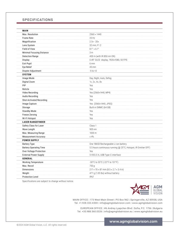 AGM Neith LRF DS32-4MP Digital Weapon Sight Data Sheet