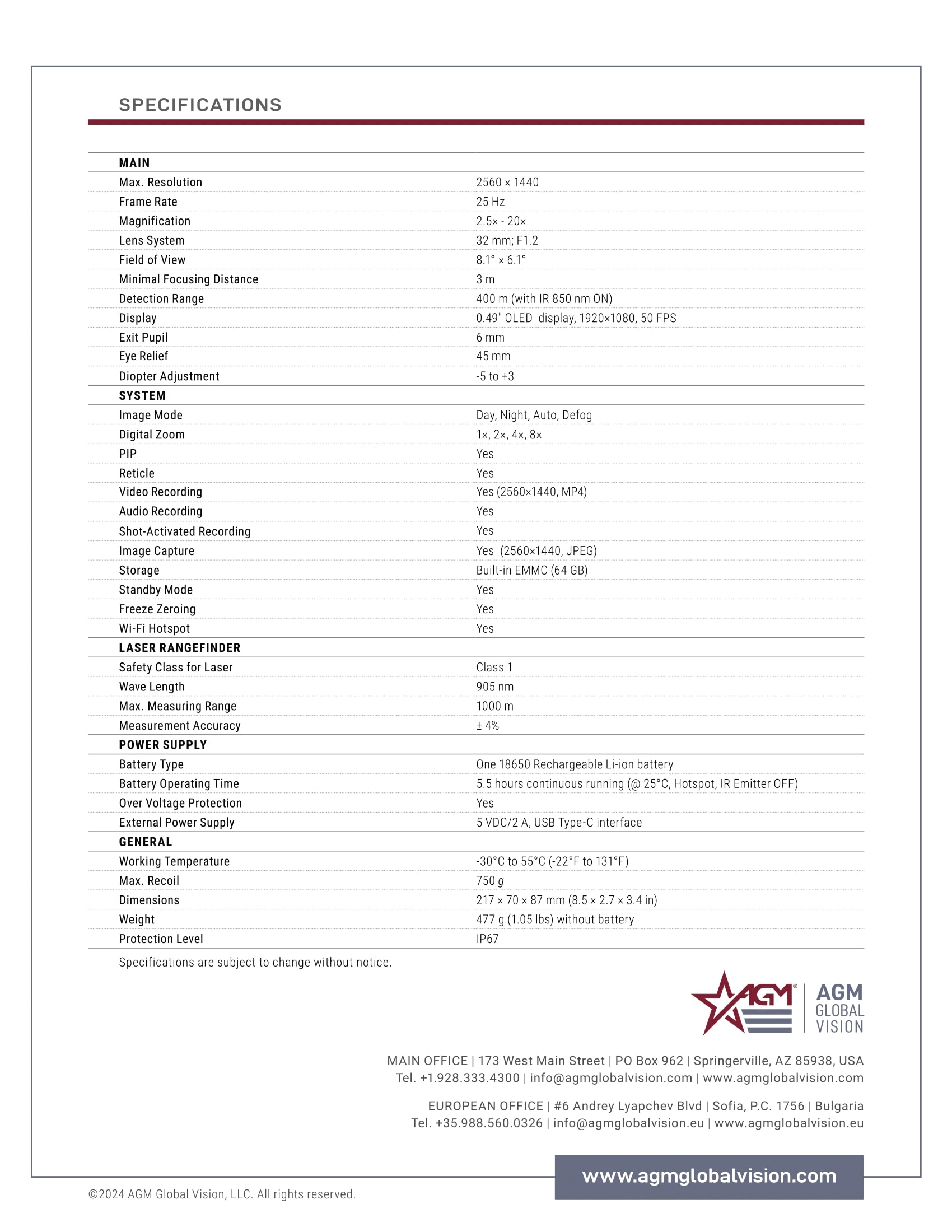 AGM Neith LRF DS32-4MP Digital Weapon Sight Data Sheet