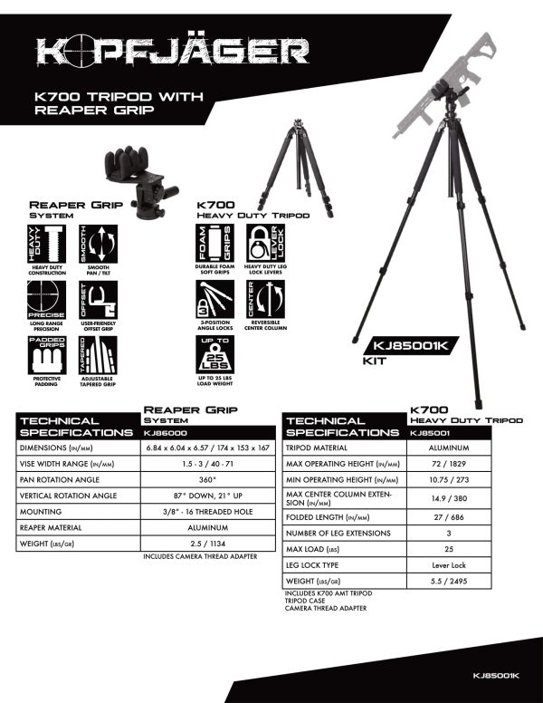 Kopfjäger K700 AMT Tripod with Reaper Grip Kit Data Sheet