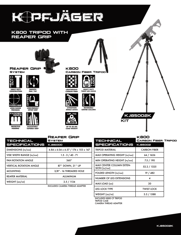 Kopfjäger K800 Carbon Fiber Tripod with Reaper Grip Kit Data Sheet