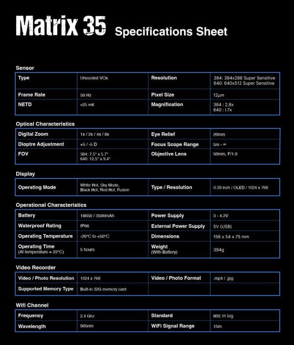 Predator Thermal Optics Matrix Thermal Monocular Specifications Sheet